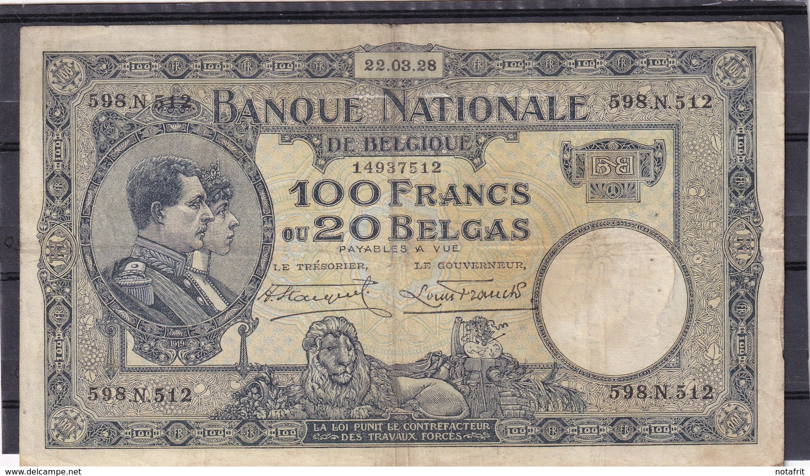Belg 100 Fr 1928  F - 100 Francs & 100 Francs-20 Belgas