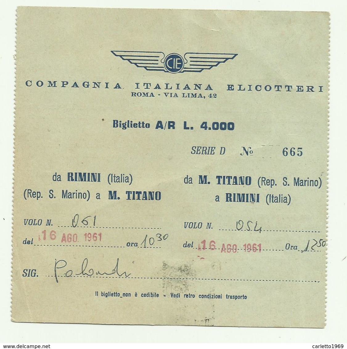 COMPAGNIA ITALIANA ELICOTTERI BIGLIETTO DA RIMINI A S.MARINO ANNO 1961 - CM. 12,3X12,3 - Altri & Non Classificati