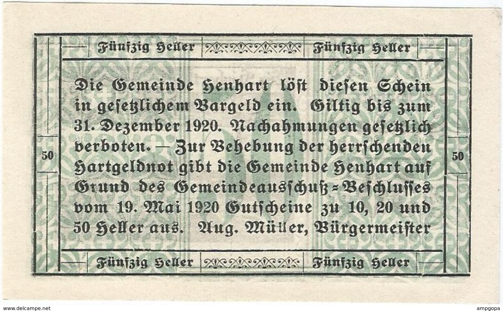 Austria (NOTGELD) 50 Heller 31-12-1920 Henhart KON 366 A.3 UNC Ref 3228-1 - Austria