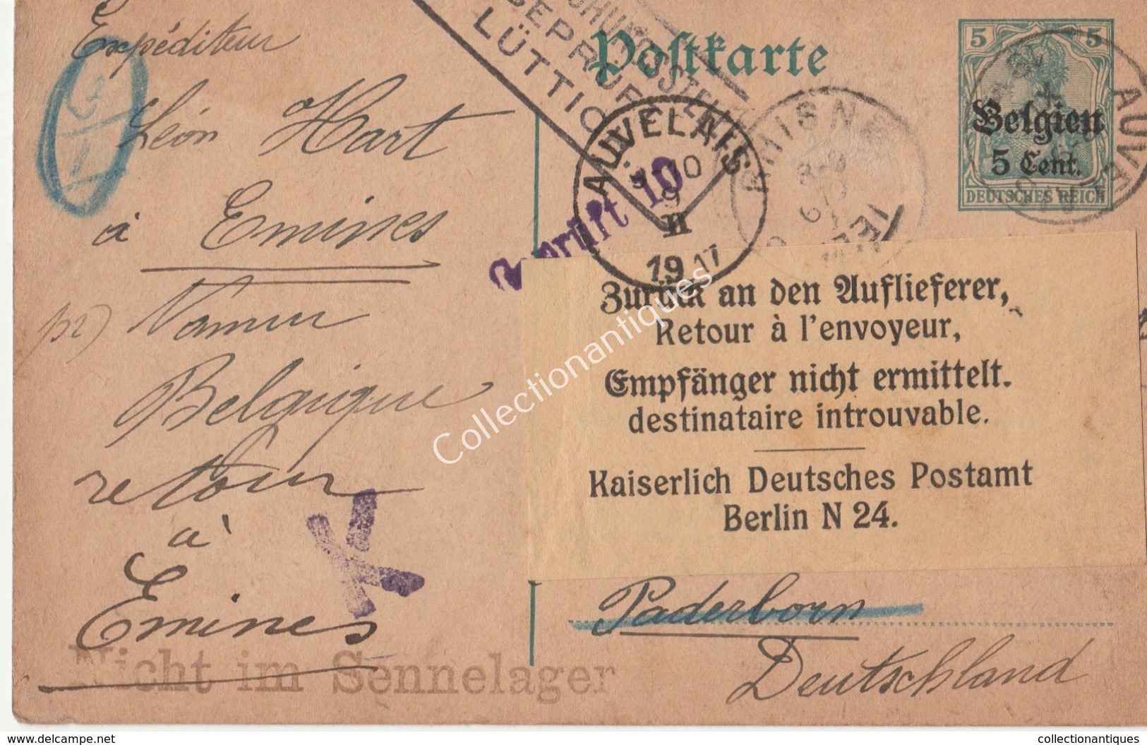 Entier Postal 5ct Reich Taxe 5ct Belgien Auvelais Rhisnes Retour à L'envoyeur Emines 1917 Geprüft Lüttich - Other & Unclassified