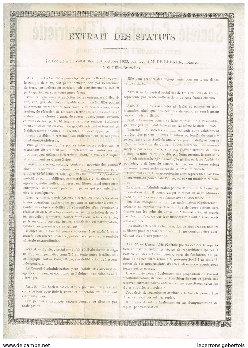 Titre Ancien - Société Coloniale D' Electricité - Société Congolaise à Responsabilité Limitée - Titre De 1923 - Afrique