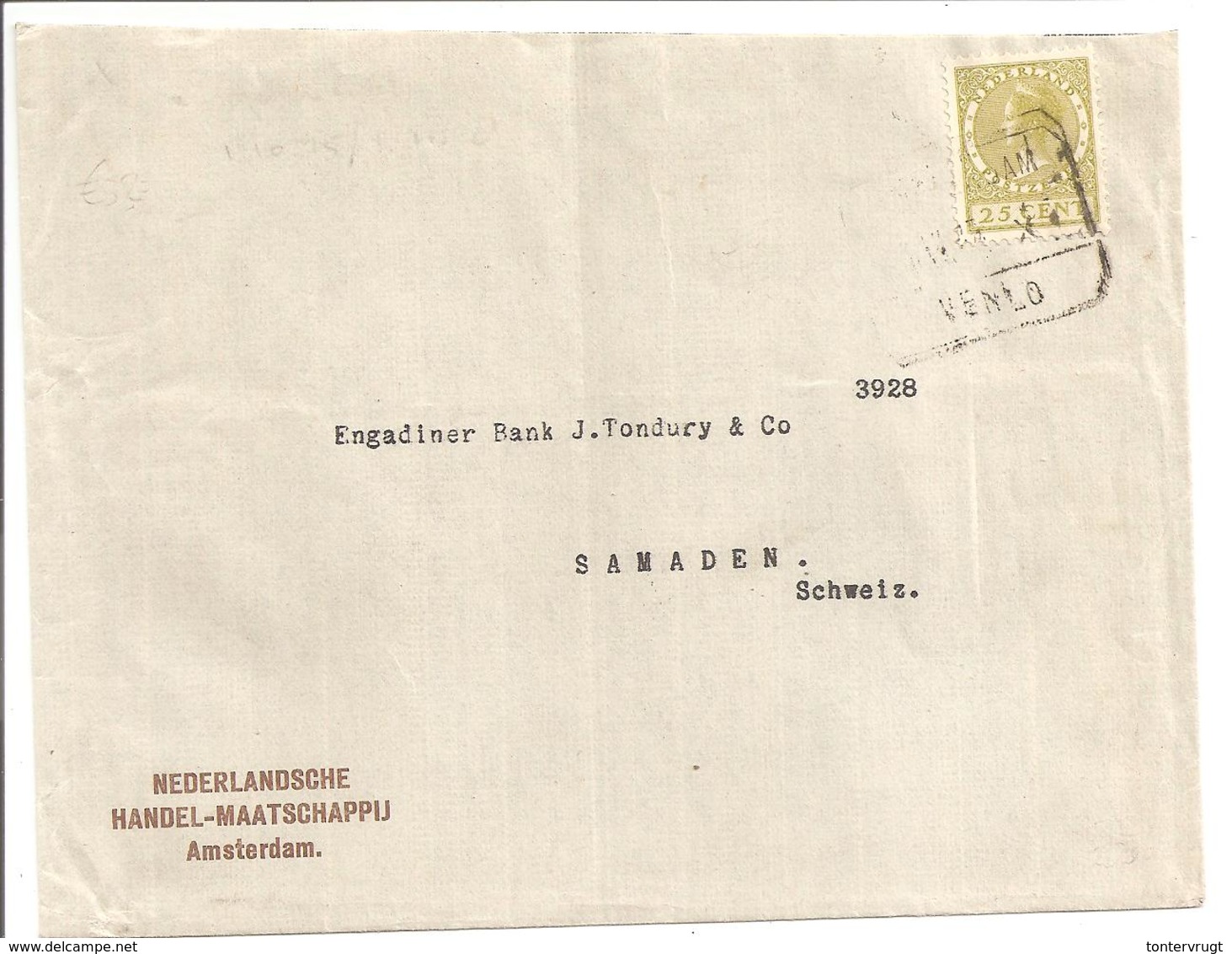 Emissie Veth 25 Cent Olijfgroen Enkelvoudig 2e GEWICHT.Amsterdam>Zwitserland 4.7.27 - Storia Postale