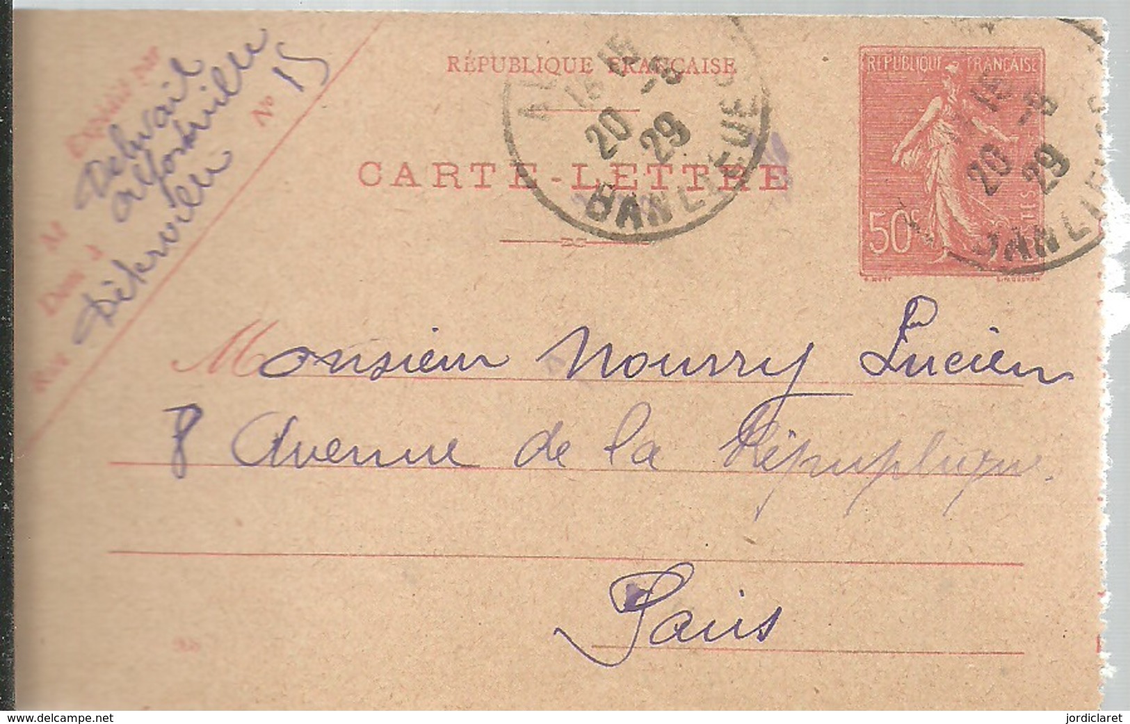 CARTE LETTRE ALFONVILLE 1929 - Enteros Administrativos