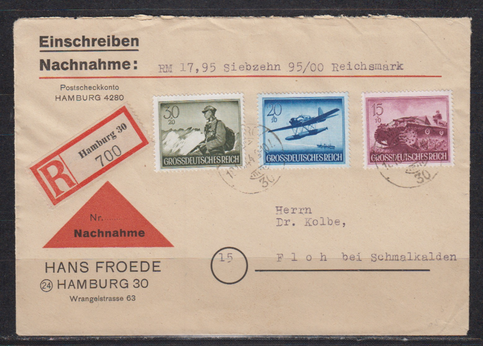 Dt.Reich R-NN-Brief Hamburg 12.10.44 Mit MiF Wehrmacht II MiNo. 880,882,885 - Briefe U. Dokumente