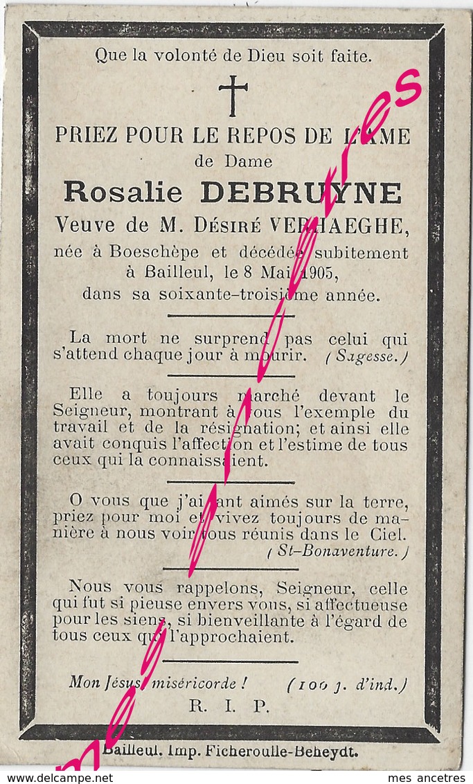 En 1905 Boeschèpe Et Bailleul (59) Rosalie DEBRUYNE Ep Désiré VERHAEGHE - Décès