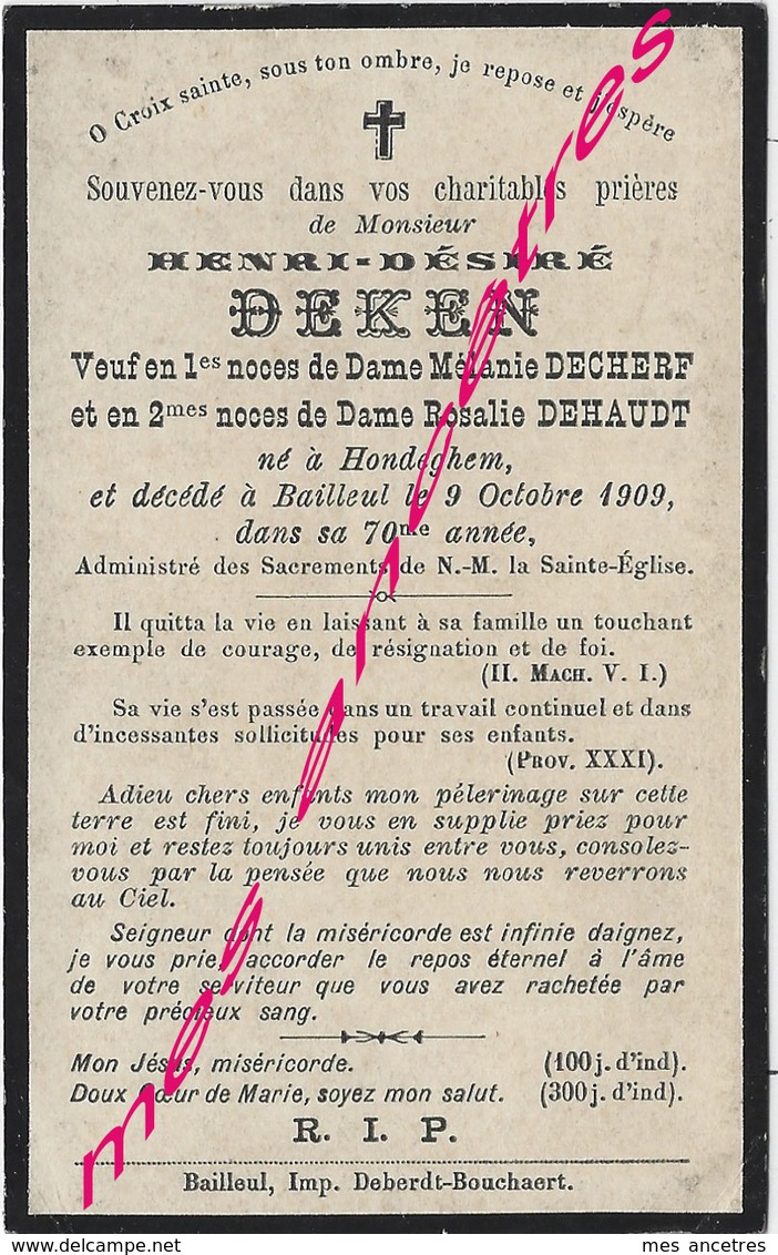 En 1909 Hondeghem Et Bailleul (59) Henri DEKEN Ep Mélanie DECHERF Et Rosalie DEHAUT 70 Ans - Décès