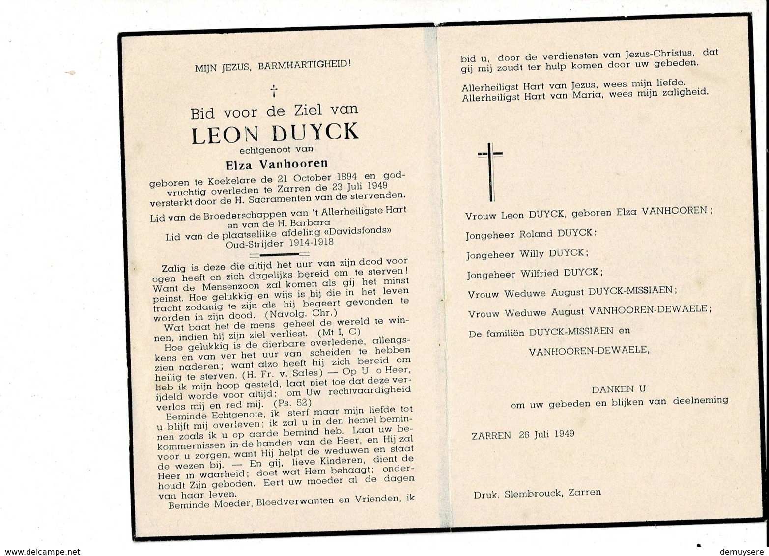 DP 8048 - LEON DUYCK - KOEKELARE 1894 + ZARREN 1949 - Images Religieuses