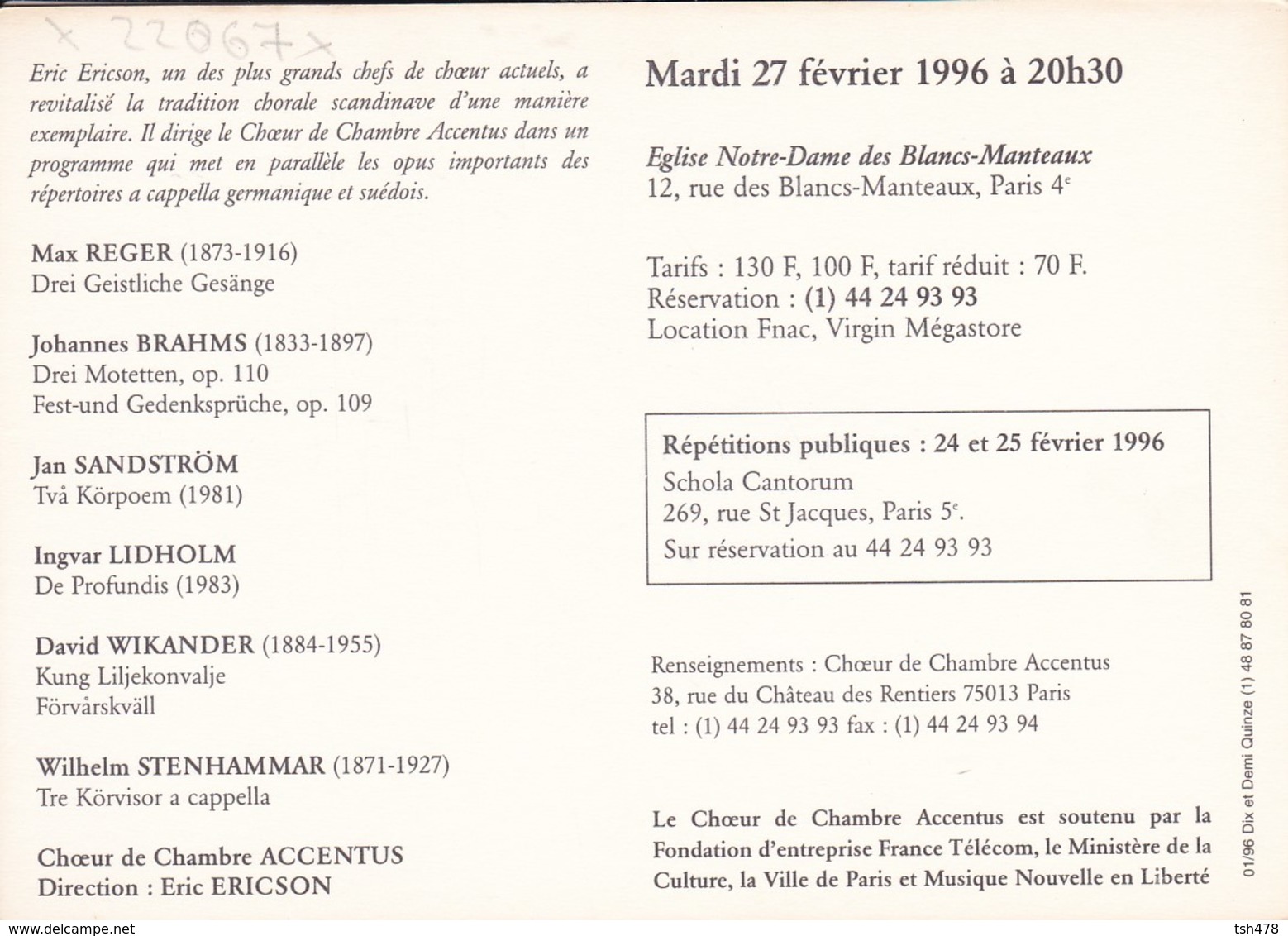 CARTE'COM---PARIS--1996--Accentus  Choeur De Chambre--voir 2 Scans - Opéra