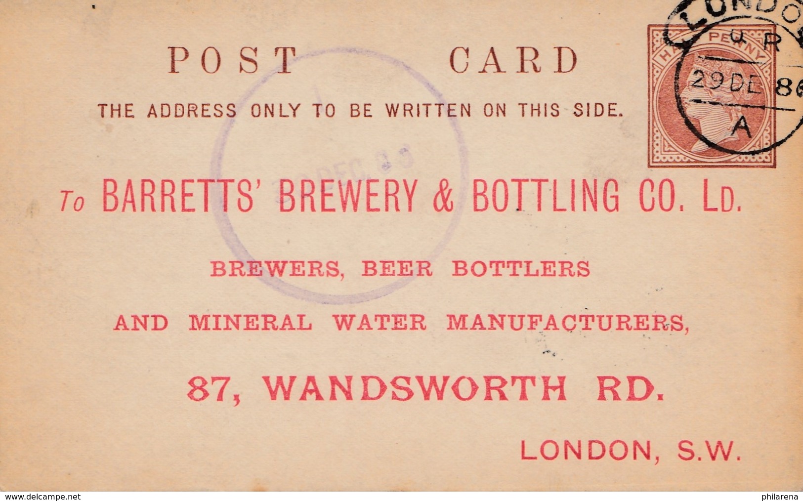 UK: London 1886: Brewery&Bottling-Mineral Water, Ganzsache - Autres - Europe