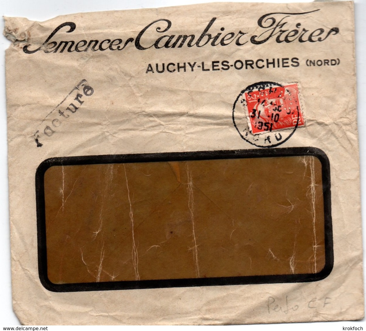 Semences Cambier Frères - Auchy Nord 1951 - Perforé CF Sur Gandon - Sonstige & Ohne Zuordnung