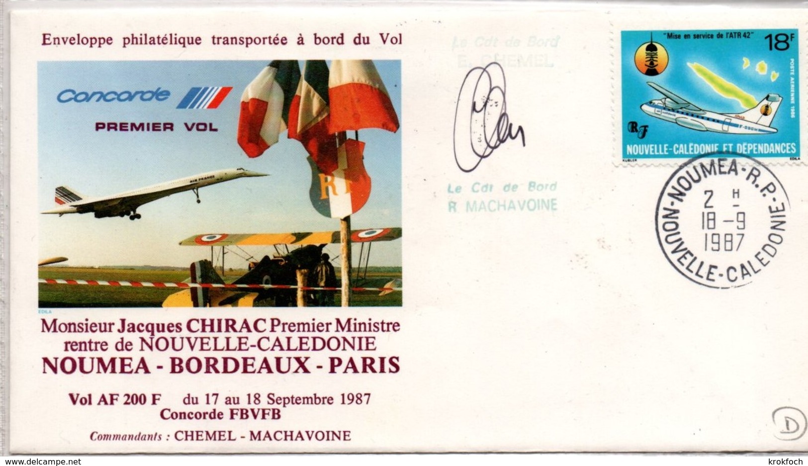 Vol Concorde Nouméa Bordeaux Paris 1987 Avec Premier Ministre Chirac - Calédonie - Brieven En Documenten