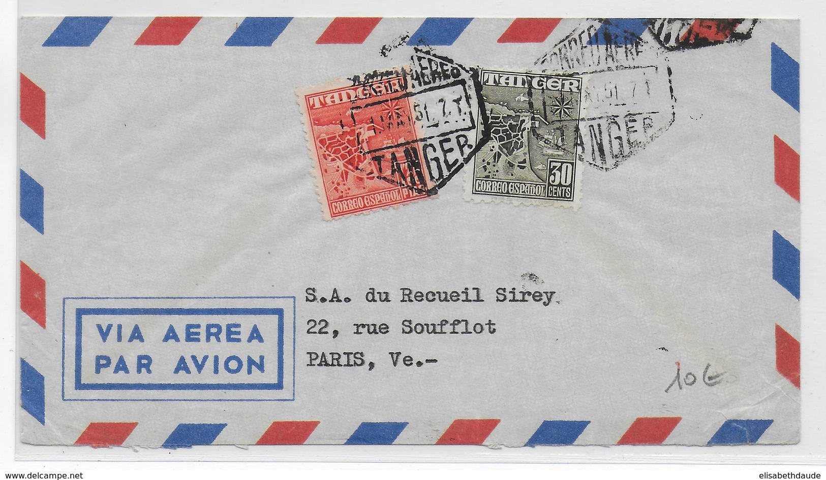 MAROC ESPAGNOL / TANGER - 1951 - ENVELOPPE Par AVION => PARIS - Maroc Espagnol