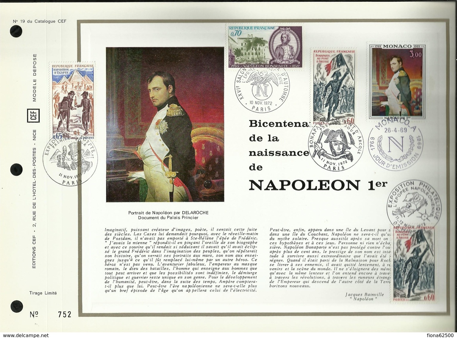 N° 19 DU CATALOGUE CEF . BICENTENAIRE DE LA NAISSANCE DE NAPOLEON Ier . 26 AVRIL 1969 . MONACO . - FDC