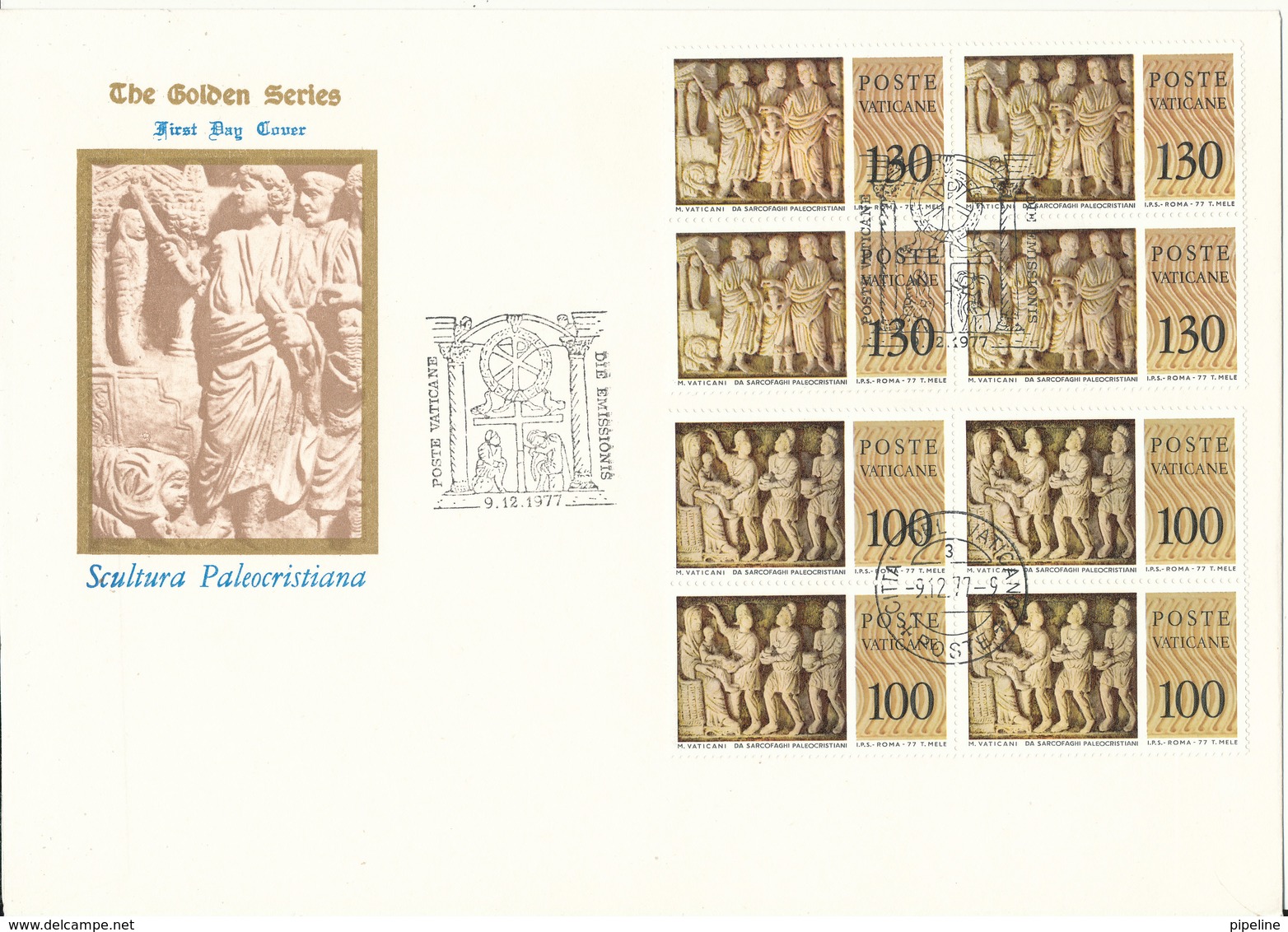 Vatican FDC 9-12-1977 Art Sculpture Reliefs Complete Set Of 6 In Block Of 4 On 3 Covers With Cachet - FDC