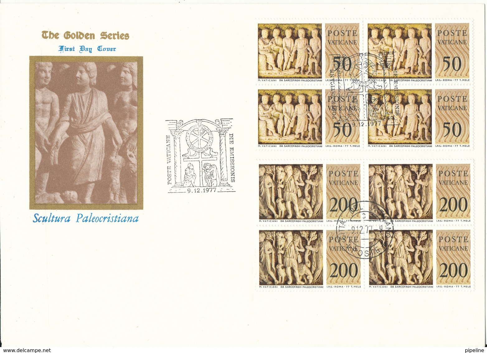 Vatican FDC 9-12-1977 Art Sculpture Reliefs Complete Set Of 6 In Block Of 4 On 3 Covers With Cachet - FDC