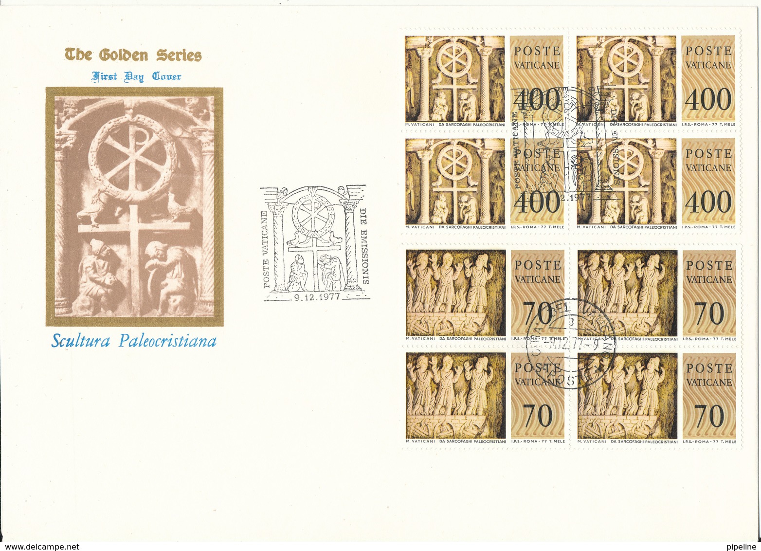 Vatican FDC 9-12-1977 Art Sculpture Reliefs Complete Set Of 6 In Block Of 4 On 3 Covers With Cachet - FDC