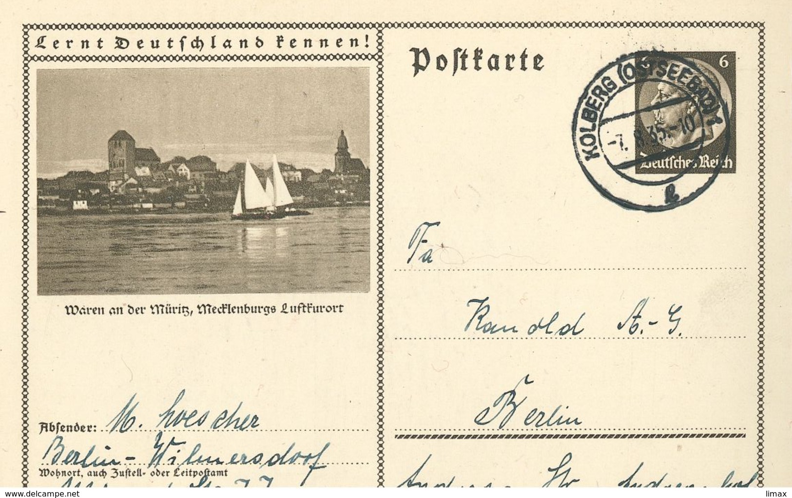 Ganzsache Bildpostkarte Müritz Waren MePo Kolberg Ostseebad 1935 Hindenburg - Briefe U. Dokumente