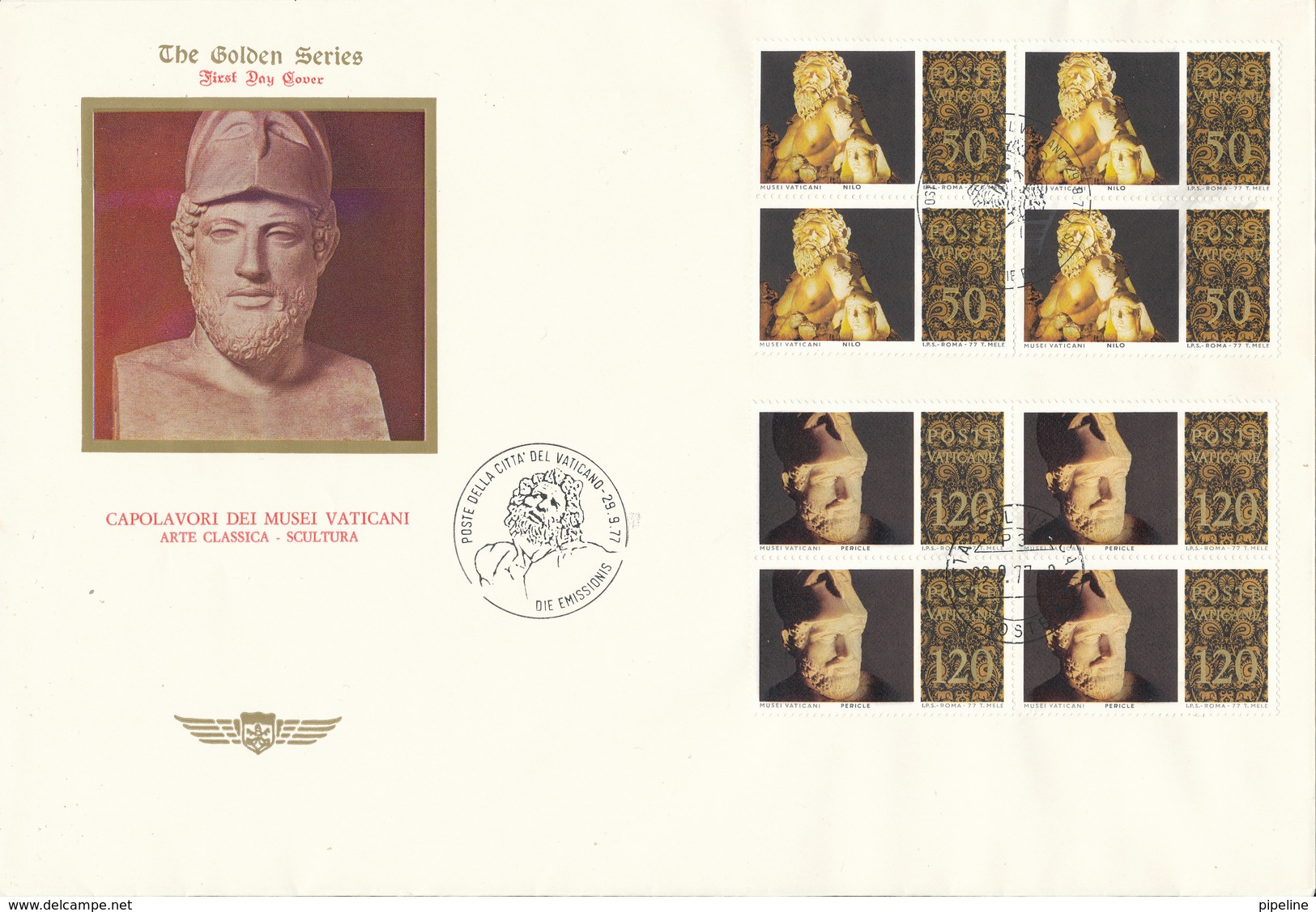 Vatican FDC 29-9-1977 Classic Art Sculpture Complete Set Of 6 In Block Of 4 On 3 Covers With Cachet - FDC