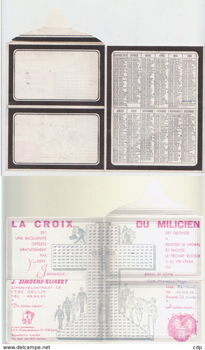 Calendrier  La Croix Du Milicien  1974 - Documents