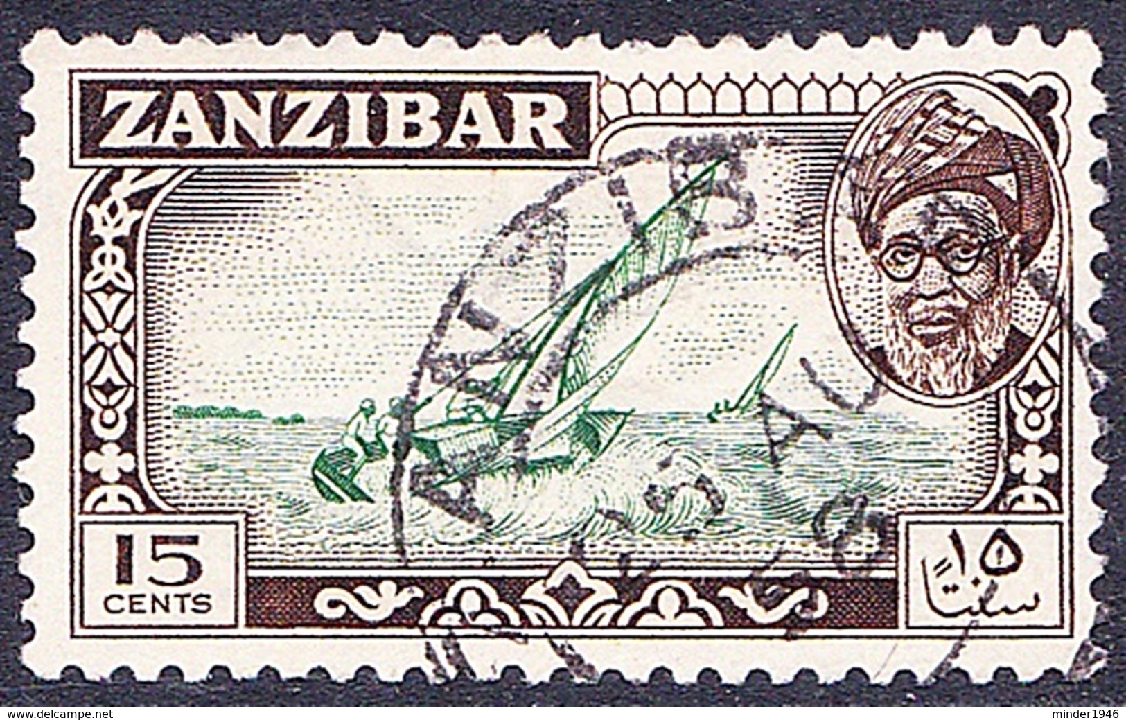 ZANZIBAR 1957 15 Cents Green & Sepia SG360 Fine Used - Zanzibar (...-1963)