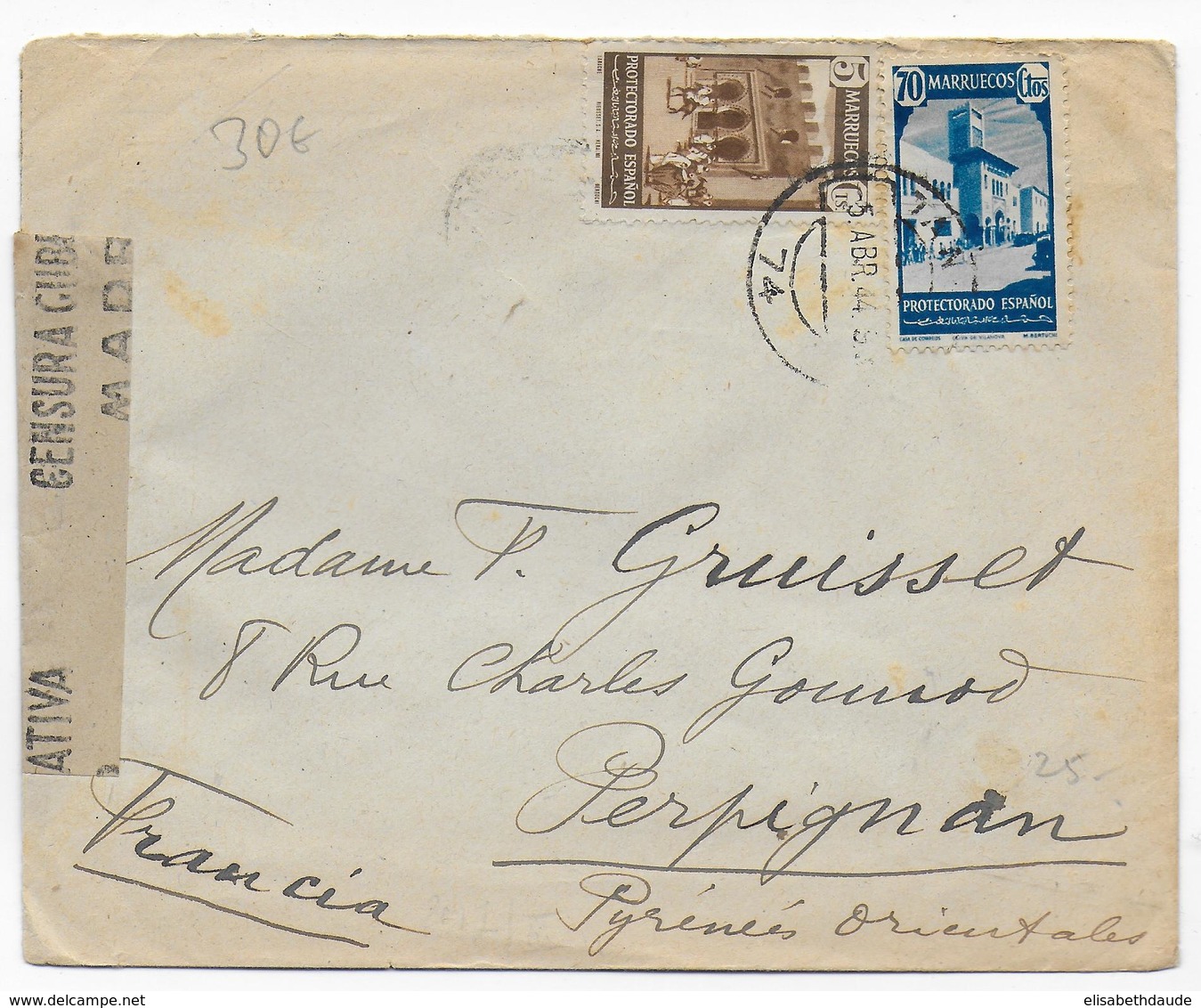 MAROC ESPAGNOL - 1944 - ENVELOPPE Avec 2 CENSURES (VOIR DOS) De TANGER => PERPIGNAN - Spanisch-Marokko