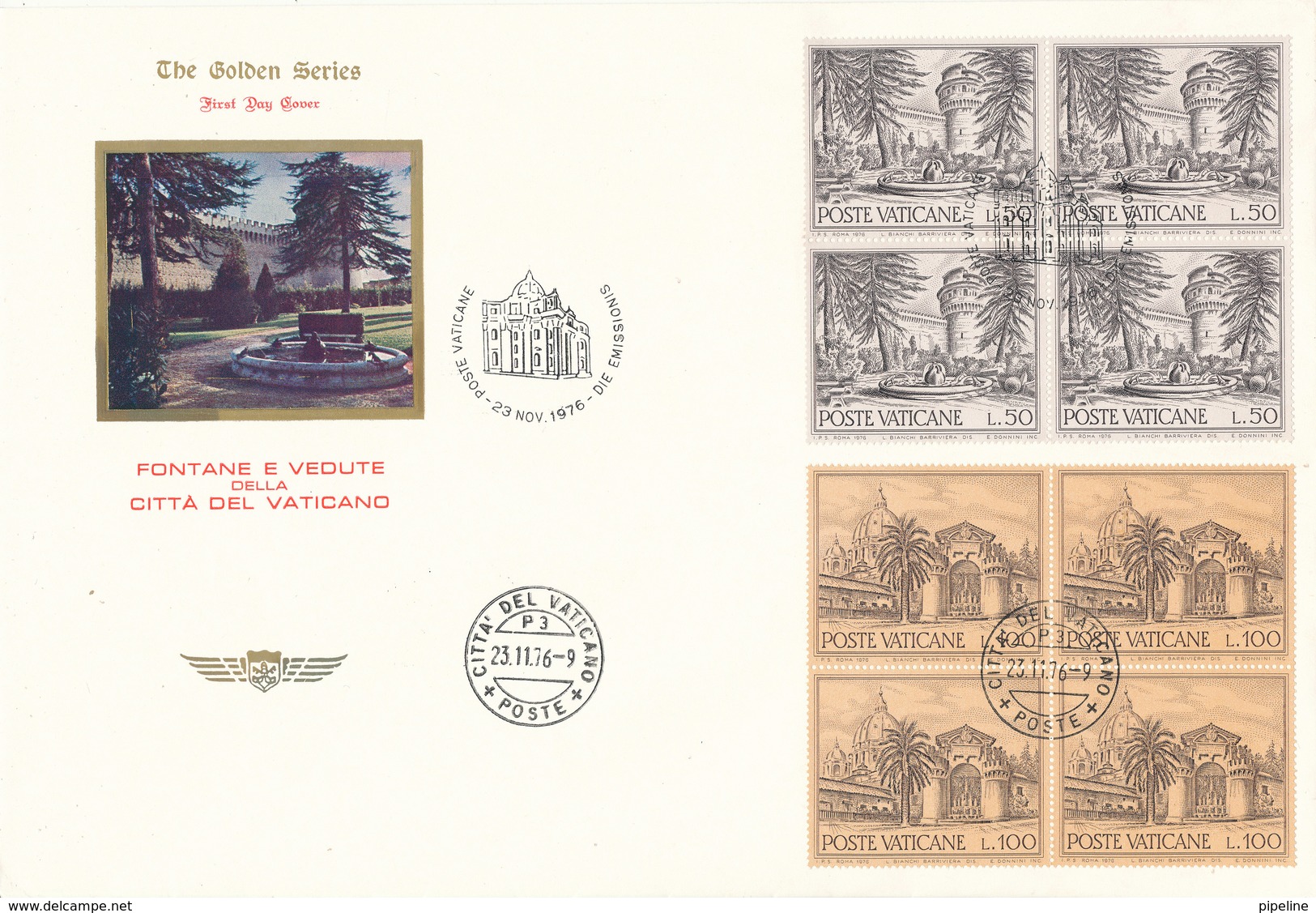 Vatican FDC 23-11-1976  Architecture Fountains Complete Set Of 6 In Block Of 4 On 3 Covers With Cachet - FDC