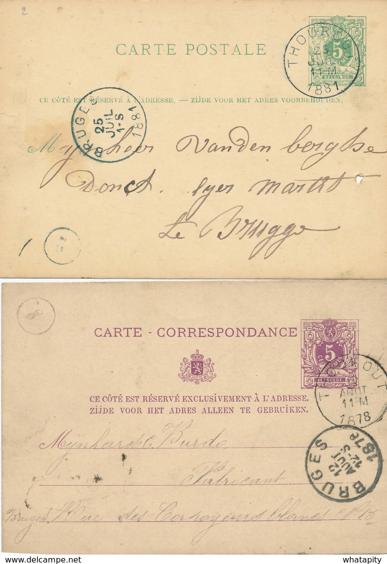 207/29 --  2 X Entier Lion Couché THOUROUT 1878/81 Vers BRUGES ( Cachets De Facteurs ) - Briefkaarten 1871-1909