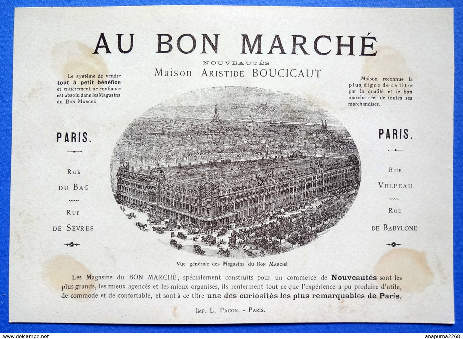 CHROMO AU BON MARCHE...LITH.PACON......GRAND FORMAT...SCÈNE ROMANTIQUE....DISTRIBUTION DE GRAINES AUX OISEAUX - Au Bon Marché