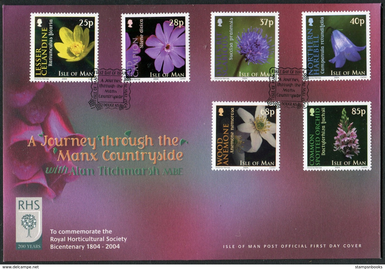 2004 Isle Of Man FDC / I.O.M. First Day Cover. Flowers Countryside RHS / Royal Horticultural Society - Isle Of Man