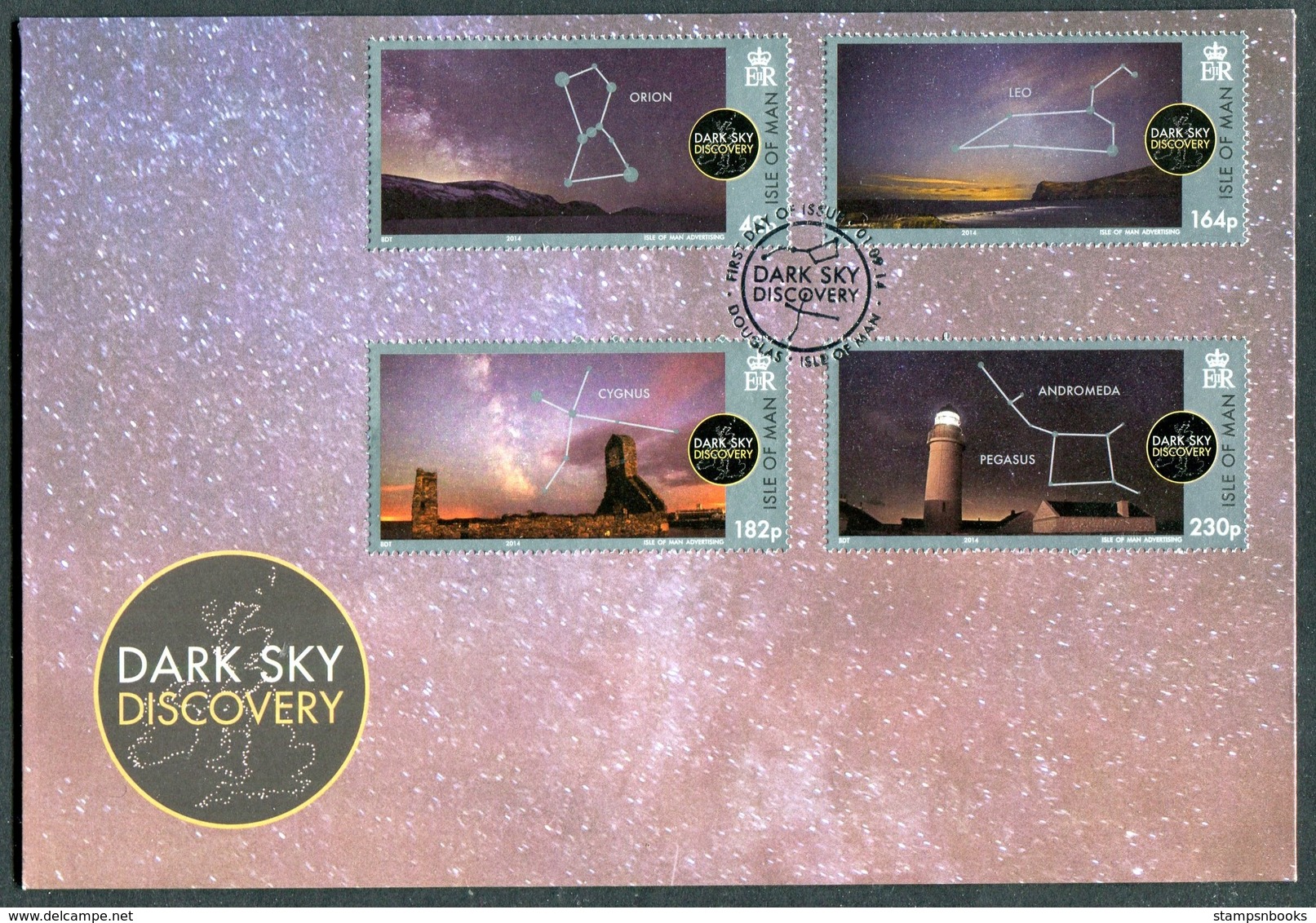 2014 Isle Of Man FDC / I.O.M. First Day Cover. Dark Sky Discovery / Astronomy. Orion Leo Cygus Andromeda Pegasus - Isle Of Man