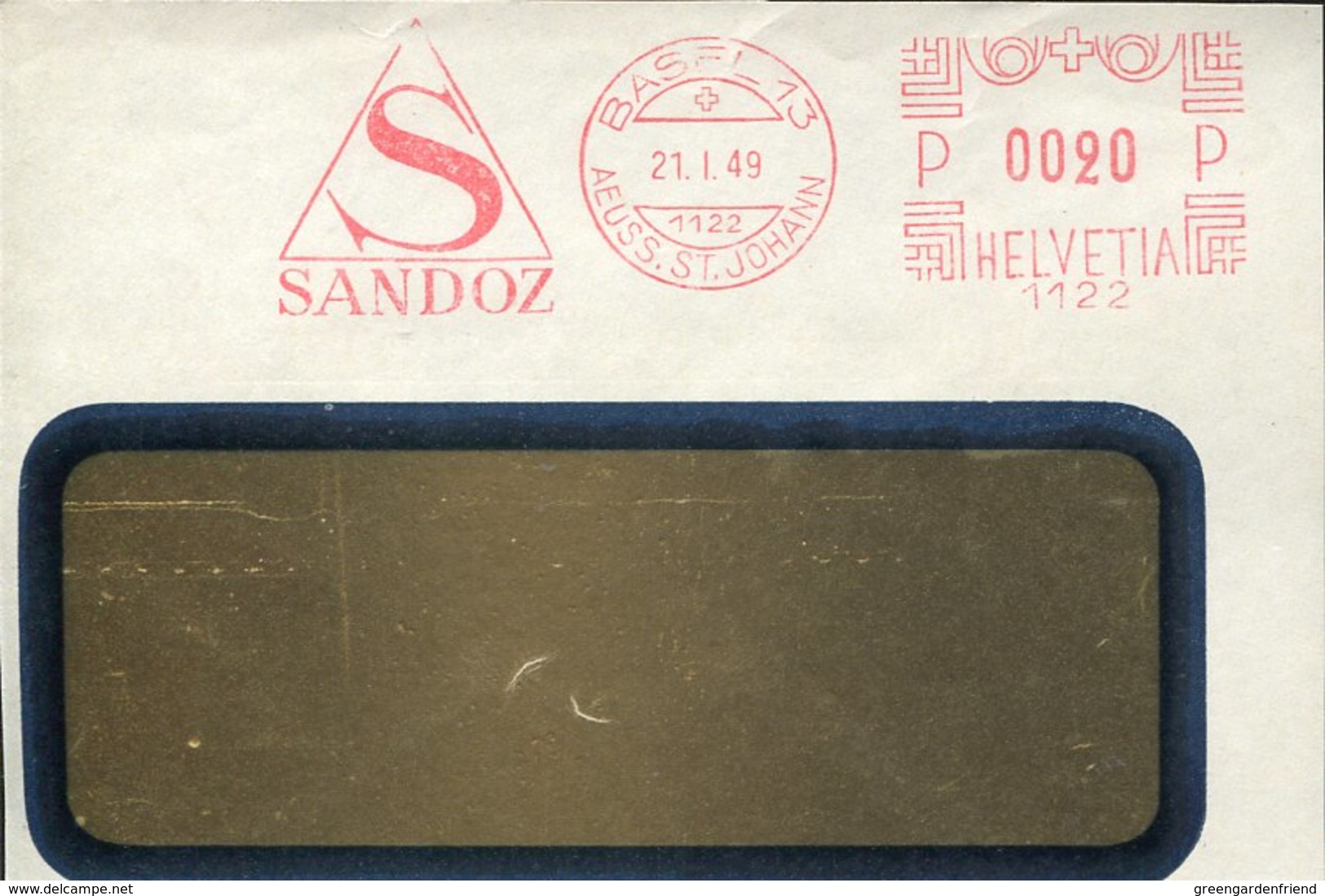 46166 Switzerland, Red Meter Freistempel Ema FRONT OF COVER,1949 Basel, Pharmacy Pharmacie, Sandoz - Pharmacie