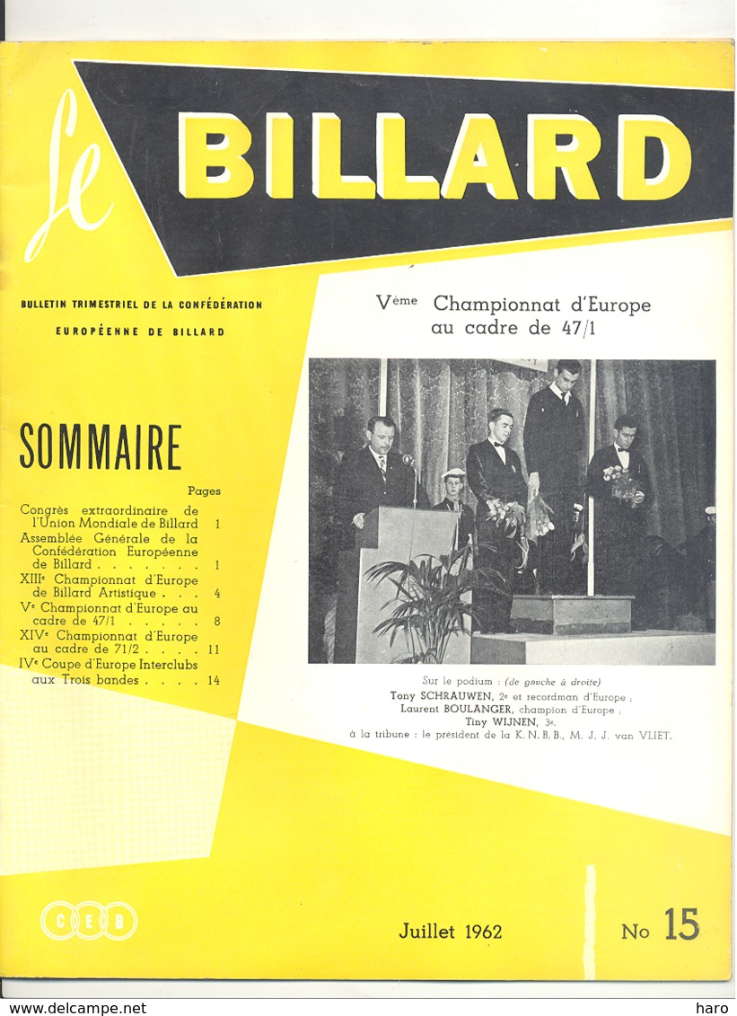 Revue " Le Billard " N° 15 De Juillet 1962 (jm) - Sport