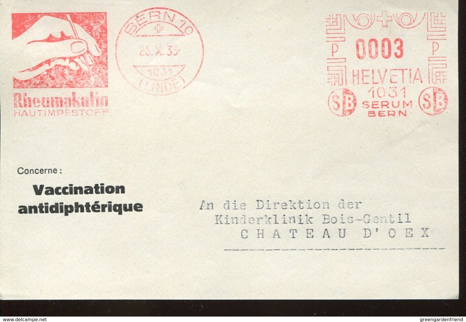 46168 Switzerland, Red Meter Freistempel Ema, Front Of Cover ,1935 Bern, Pharmacy Pharmacie Rheumakutin Vaccination - Médecine