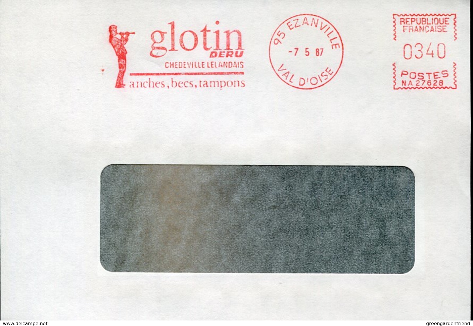 46171 France, Red Meter Freistempel Ema, 1987 Ezanville, Front Of Cover, Glotin Anches Becs Tampons - EMA (Printer Machine)