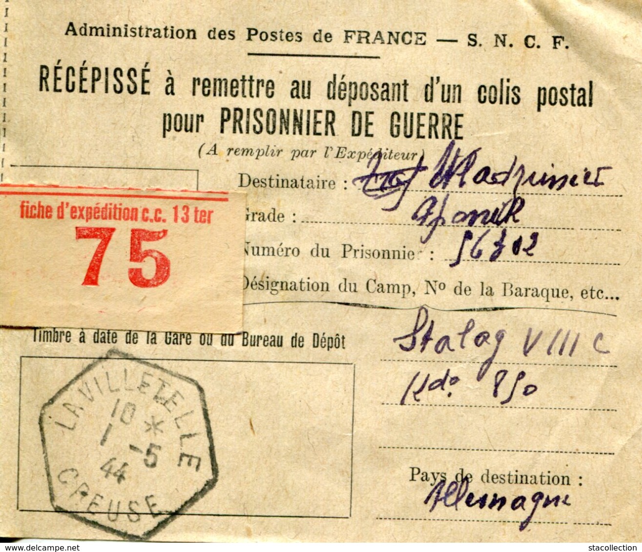 CACHET HEXAGONAL 1944 COLIS POSTAUX SNCF LAVILLETELLE CREUSE PRISONNIER STALAG VIII C SAGAN ALLEMAGNE MILITARIA DOCUMENT - Guerre De 1939-45