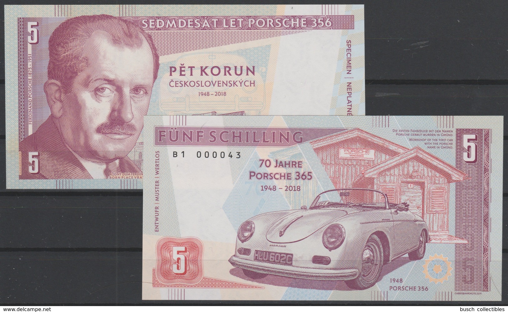 2019 Matej Gabris 5 Shilling Ferdinand Porsche 356 365 1948 70 Jahre UNC SPECIMEN ESSAY Tirage Limité - Ficción & Especímenes