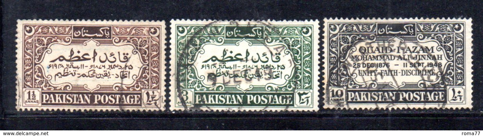 APR1728 - PAKISTAN 1949 , Indipendenza : Yvert N. 44/46  Usata  (2380A) JINNAH - Pakistan