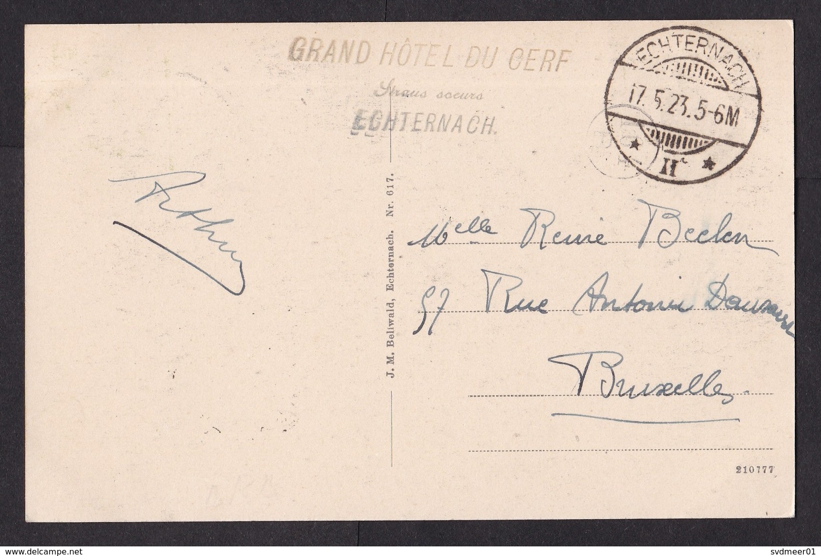 Luxembourg: Picture Postcard To Belgium, 1923, 1 Stamp, Cancel Echternach, Grand Hotel Du Cerf (traces Of Use) - Brieven En Documenten