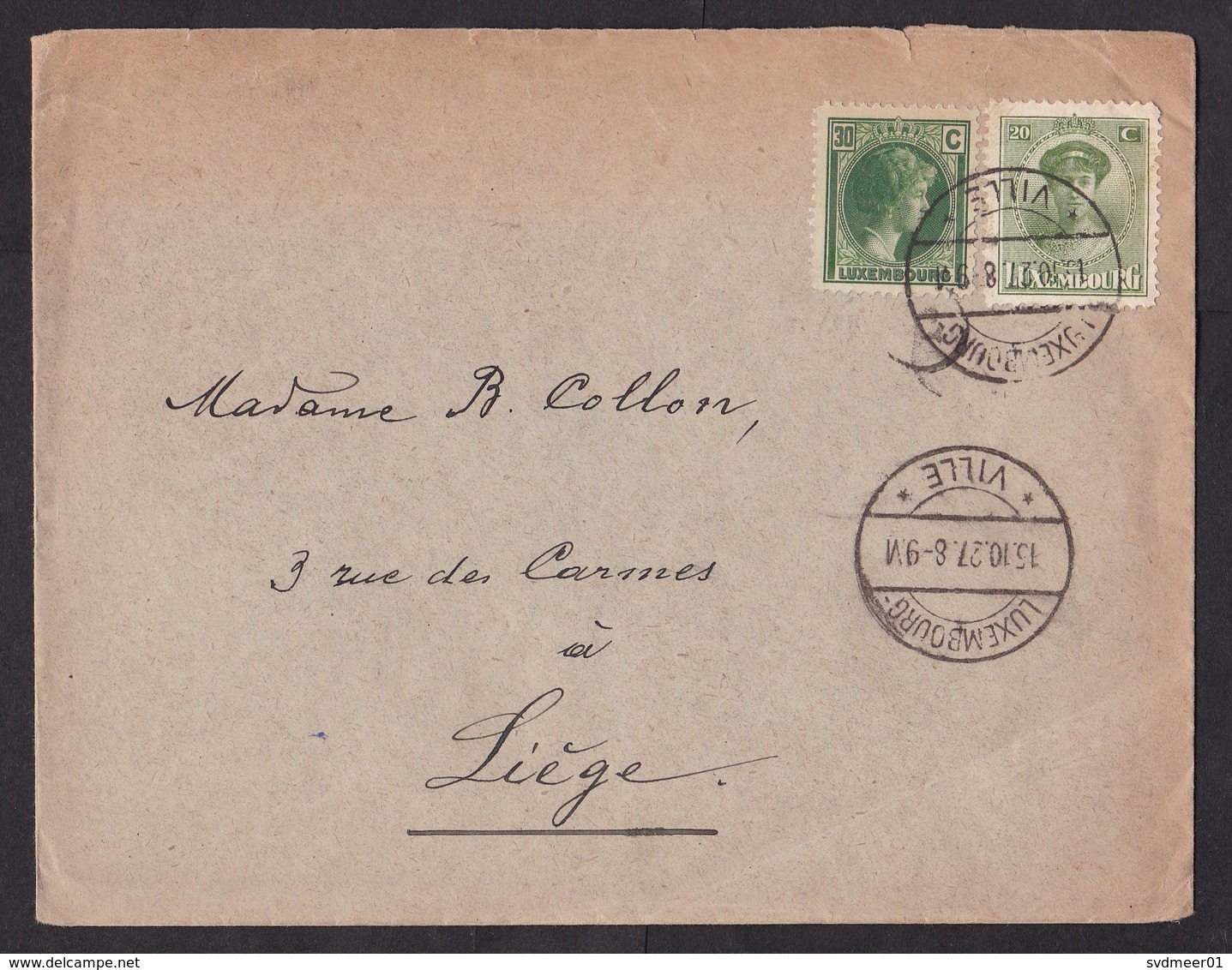 Luxembourg: Cover To Belgium, 1927, 2 Stamps, 2 Types (minor Damage, See Scan) - Brieven En Documenten