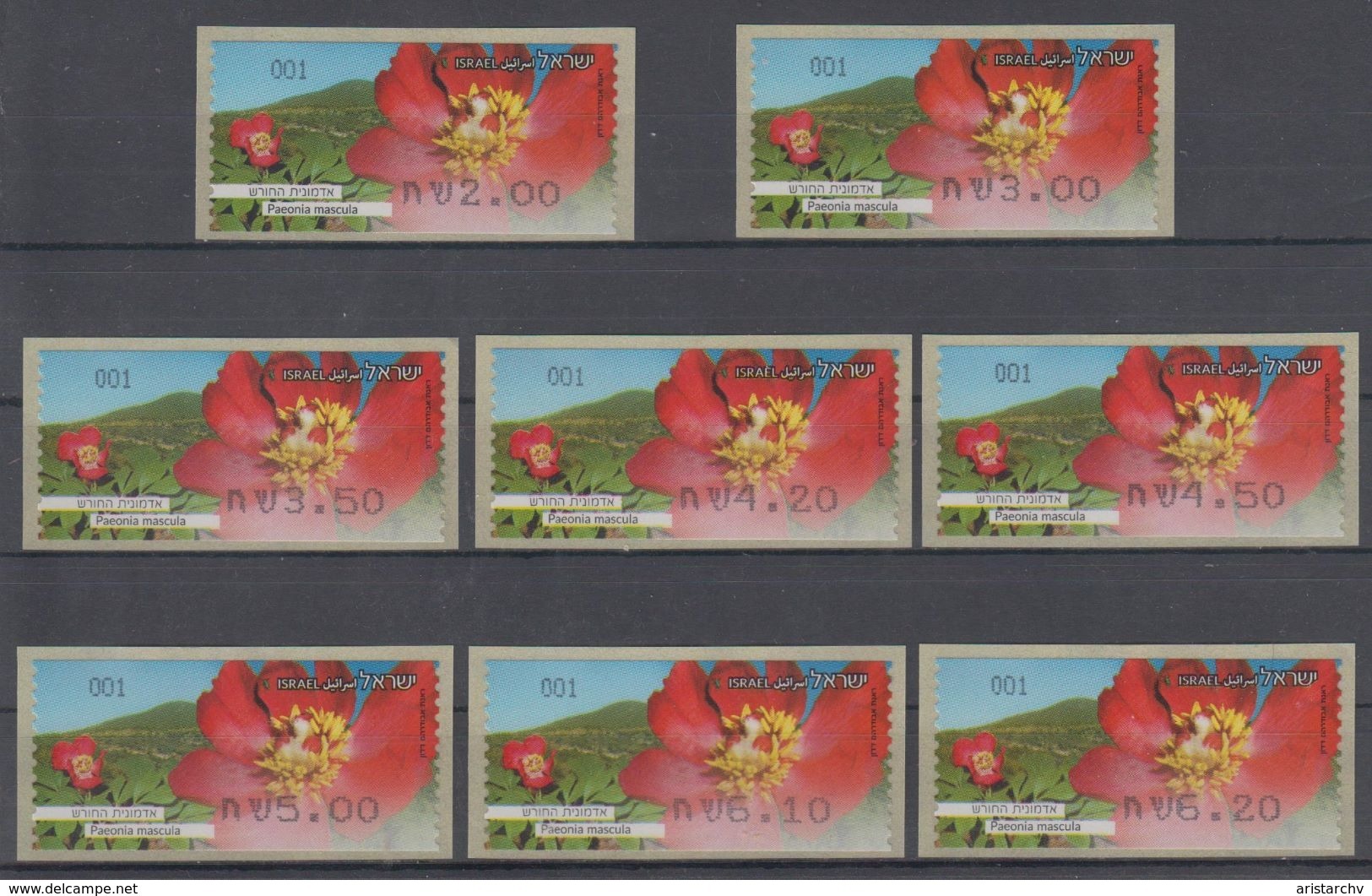 ISRAEL 2013 KLUSSENDORF ATM FLOWER CORAL PEONY FULL SET OF 8 STAMPS - Viñetas De Franqueo (Frama)