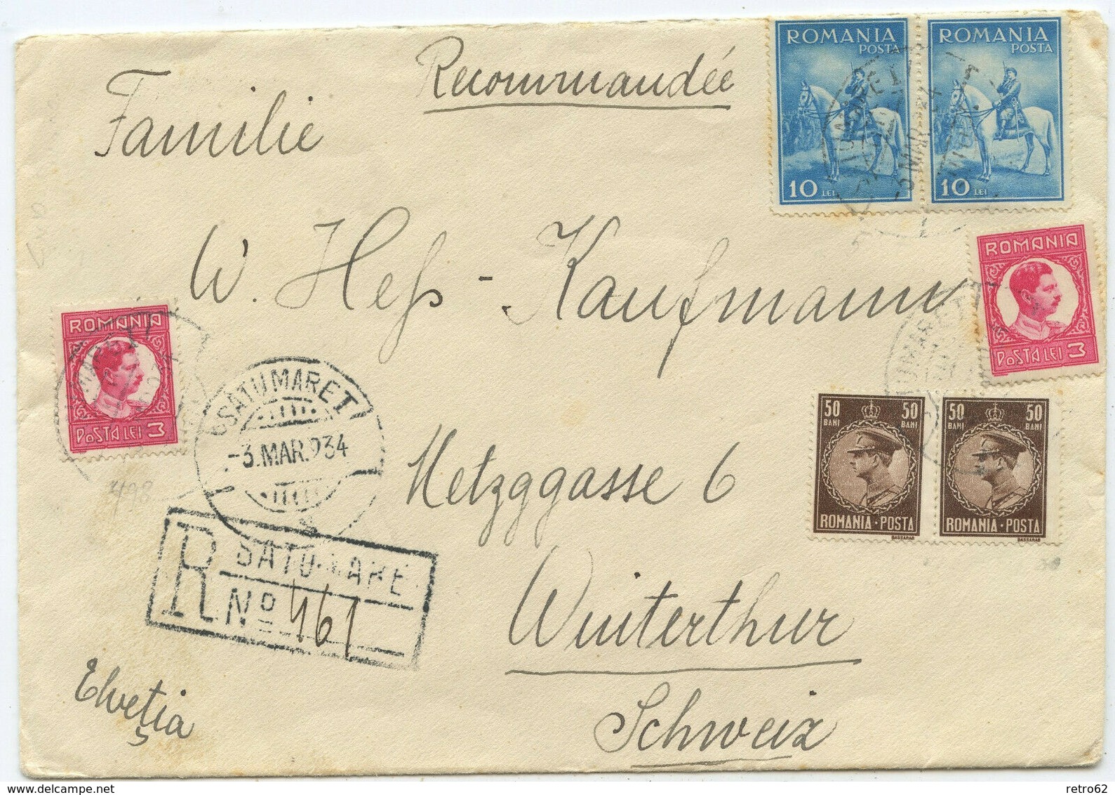 1934 Rumänien R Brief Satu Mare Nach Winterthur Schweiz - Lettres & Documents