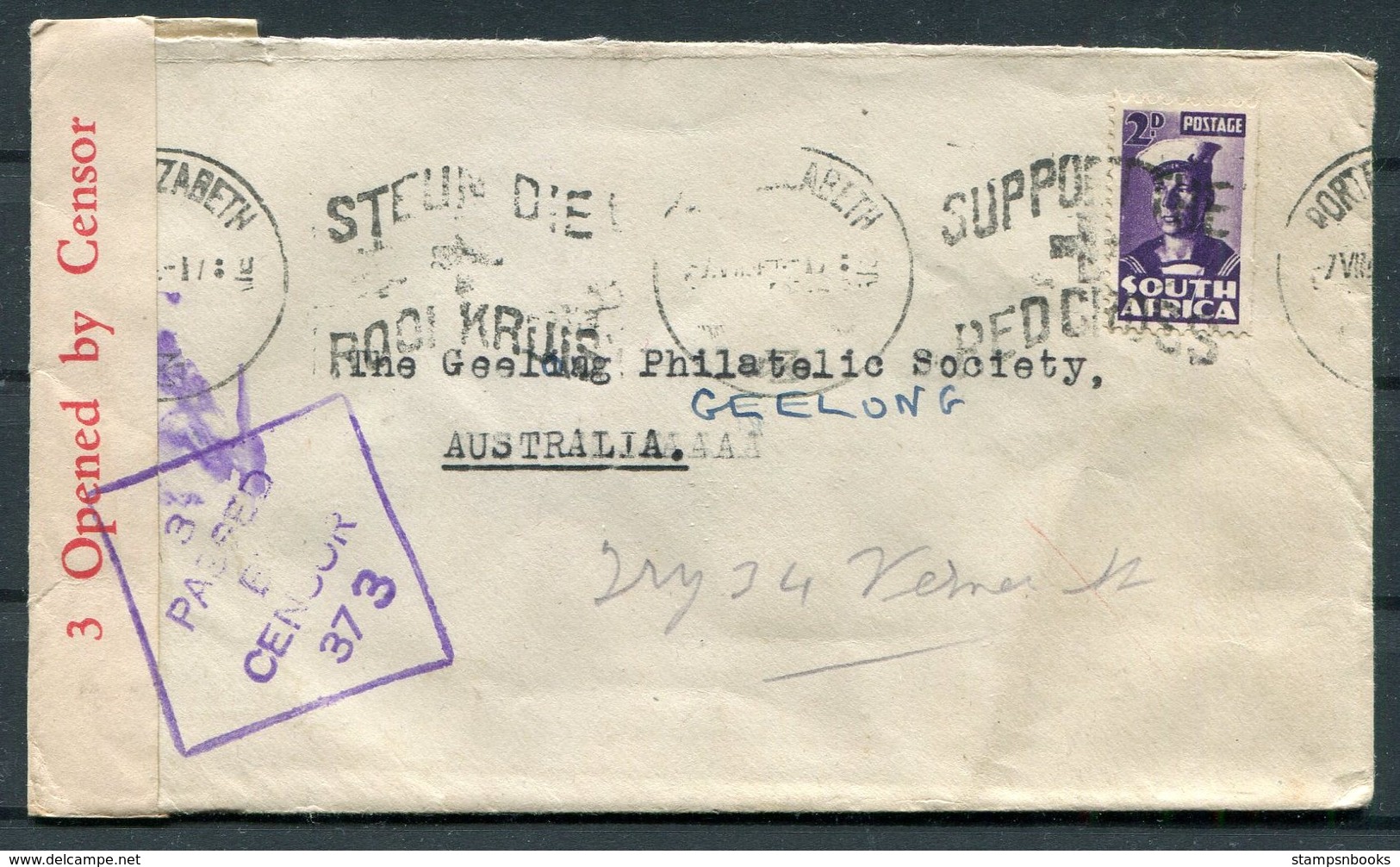 WW2 South Africa Port Elizabeth, Red Cross Slogan, Censor Cover - Geelong Philatelic Society, Australia - Covers & Documents