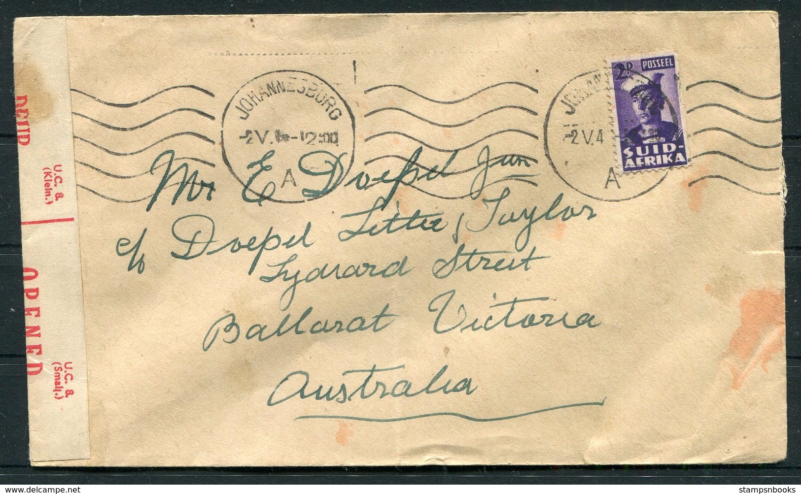 WW2 South Africa Johannesburg Censor Cover - Ballarat Victoria Australia - Covers & Documents