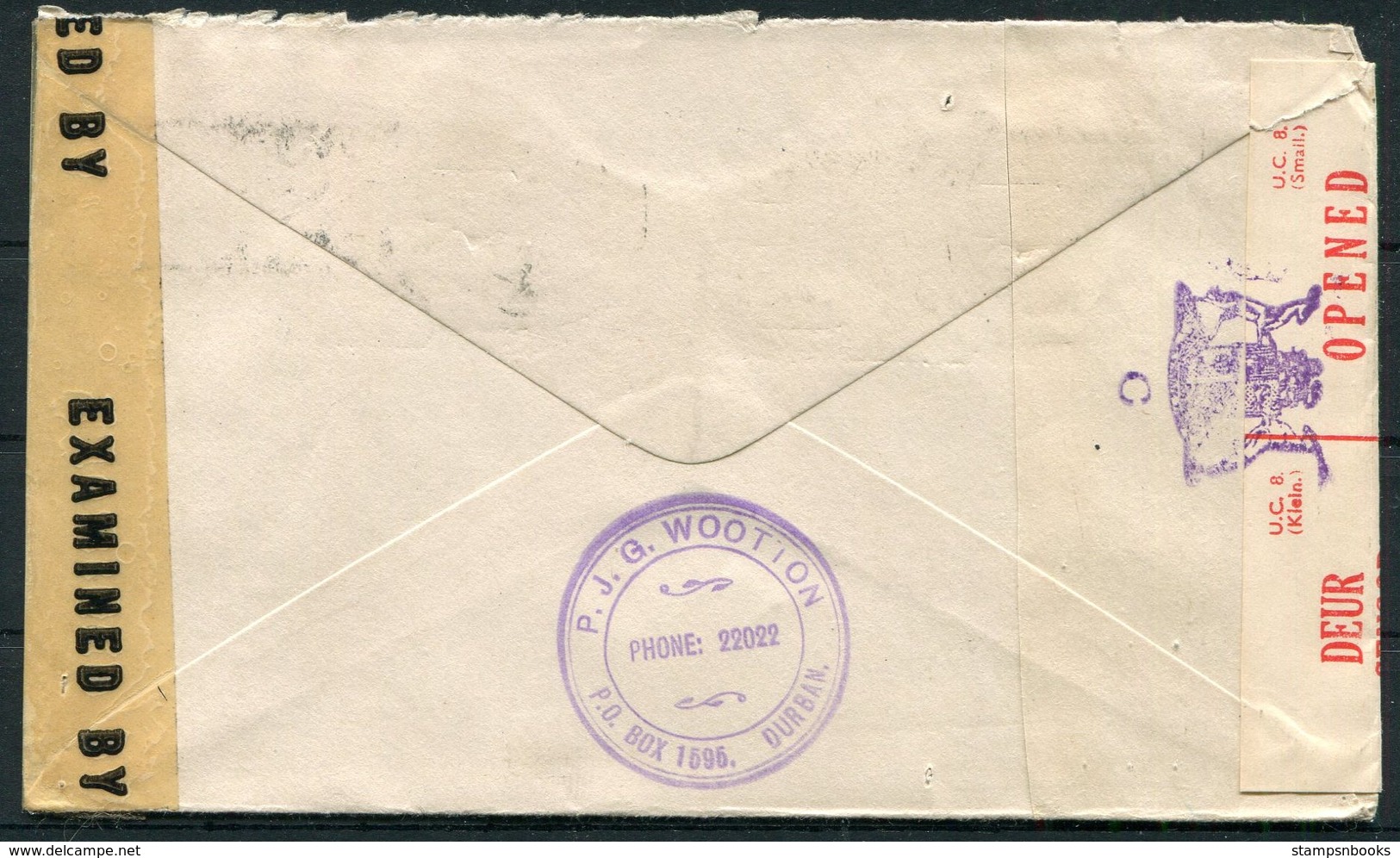 WW2 South Africa Durbam PJG Wootton Censor Cover - Arvey Corporation, Congress Park, USA - Covers & Documents