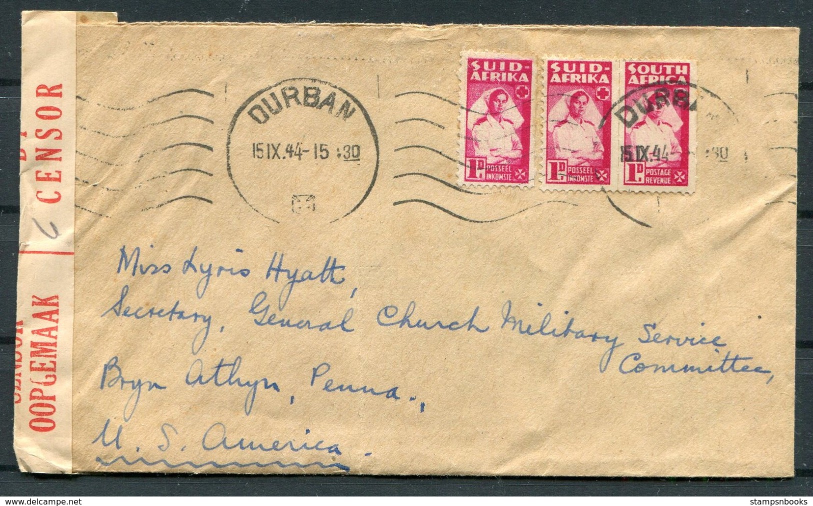 1944 South Africa Durban Censor Cover - General Church Military Service Commission, USA - Covers & Documents