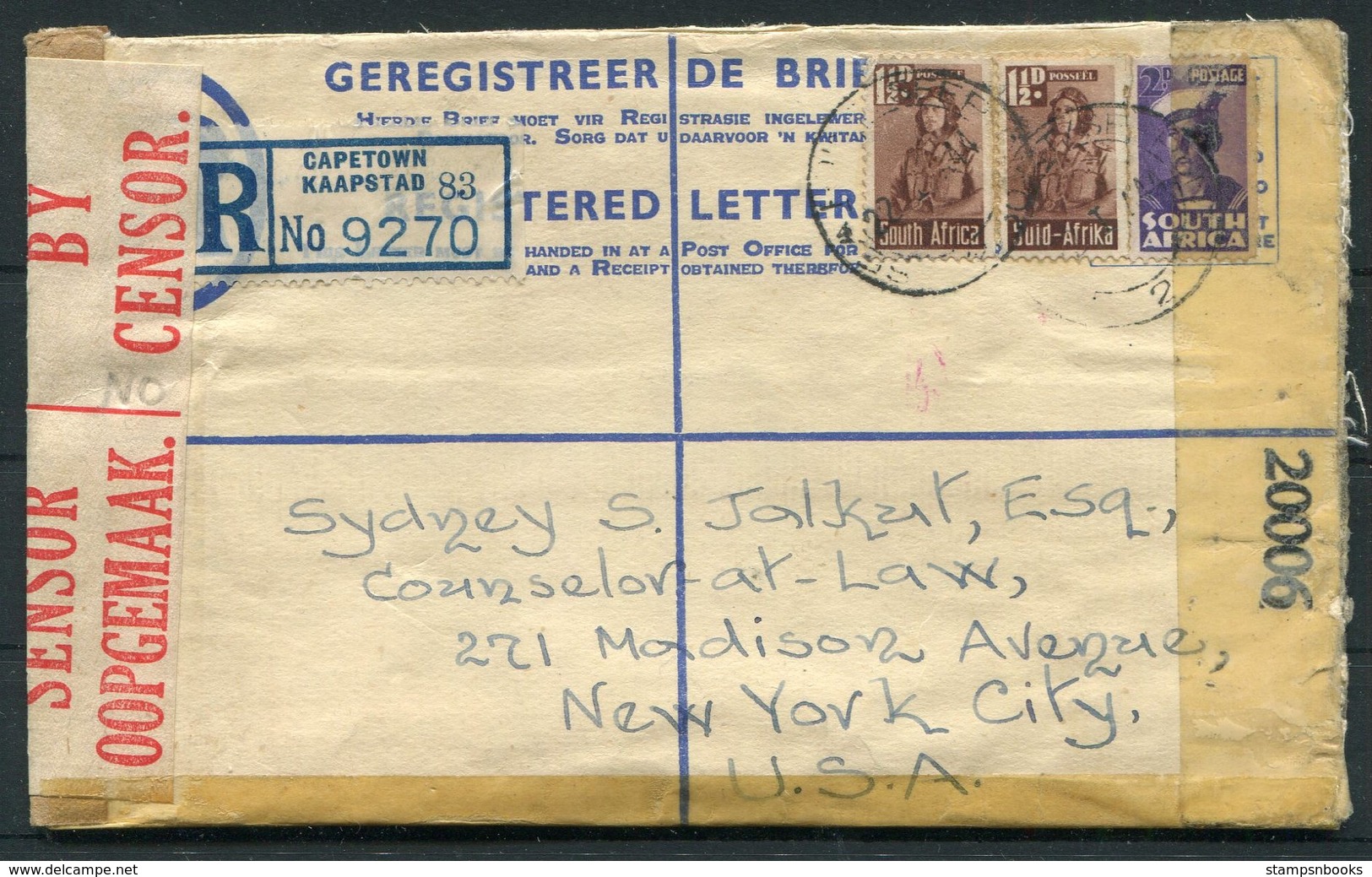 1944 South Africa Cape Town Uprated Registered Letter, Censor - New York, USA - Covers & Documents