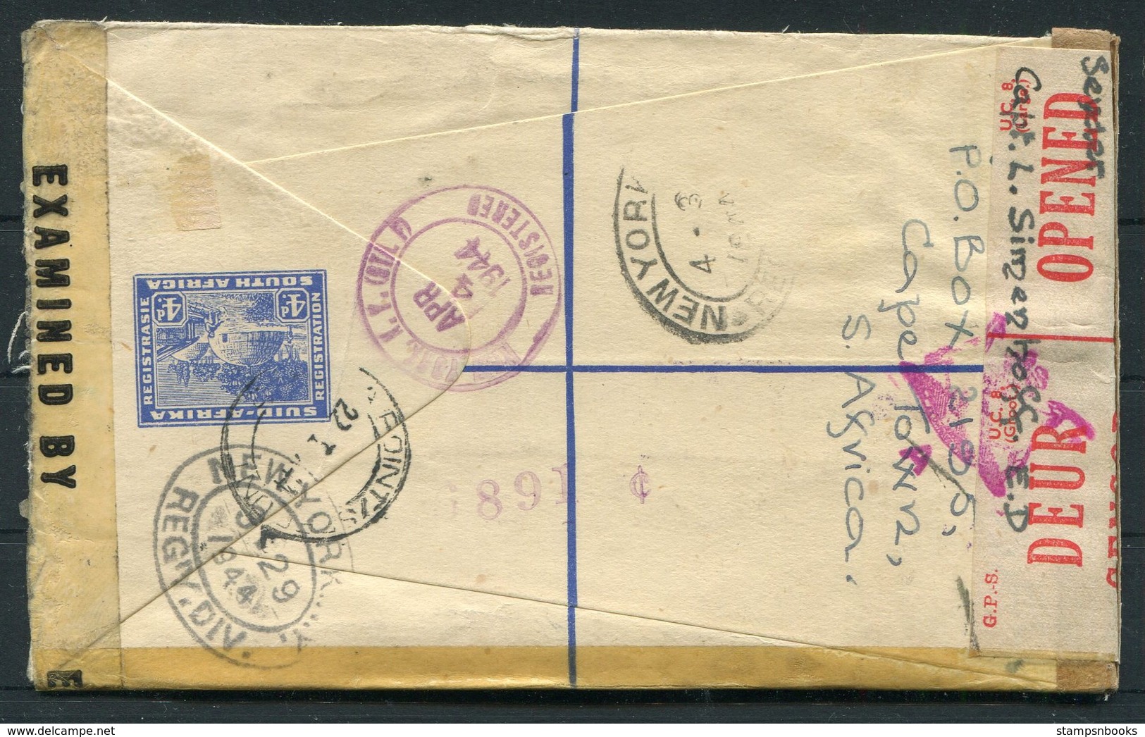 1944 South Africa Cape Town Uprated Registered Letter, Censor - New York, USA - Covers & Documents