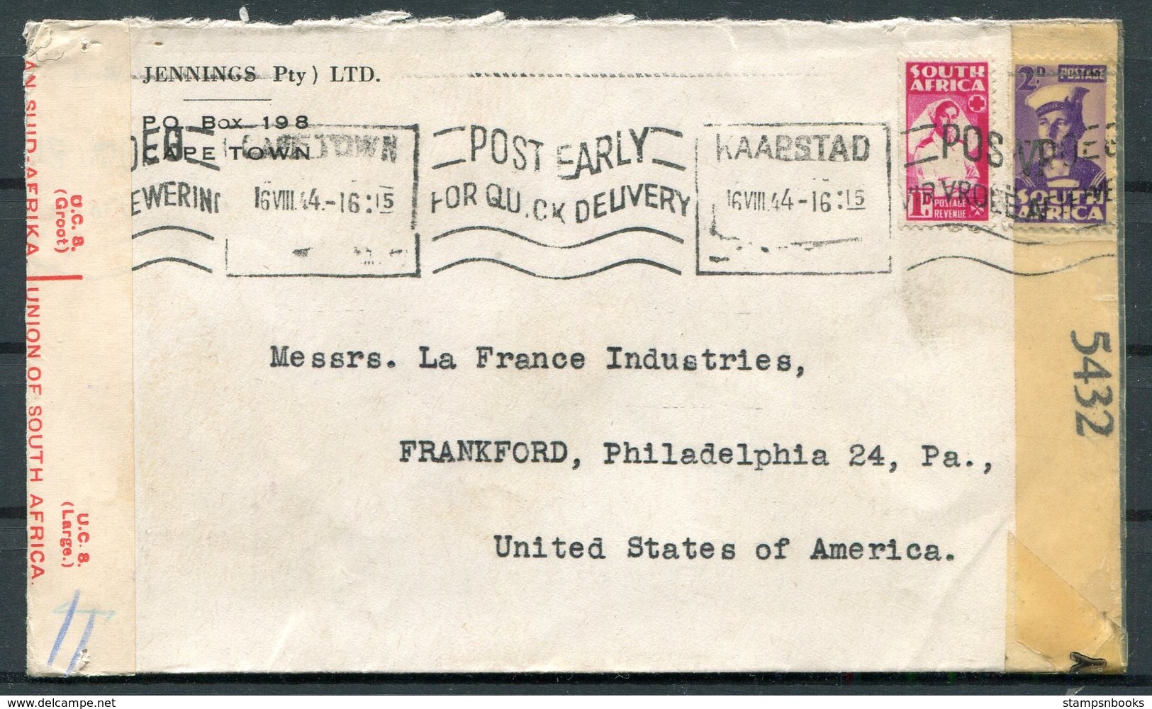 1944 South Africa Cape Town Post Early Slogan Censor Cover - Frankford PA. USA - Covers & Documents