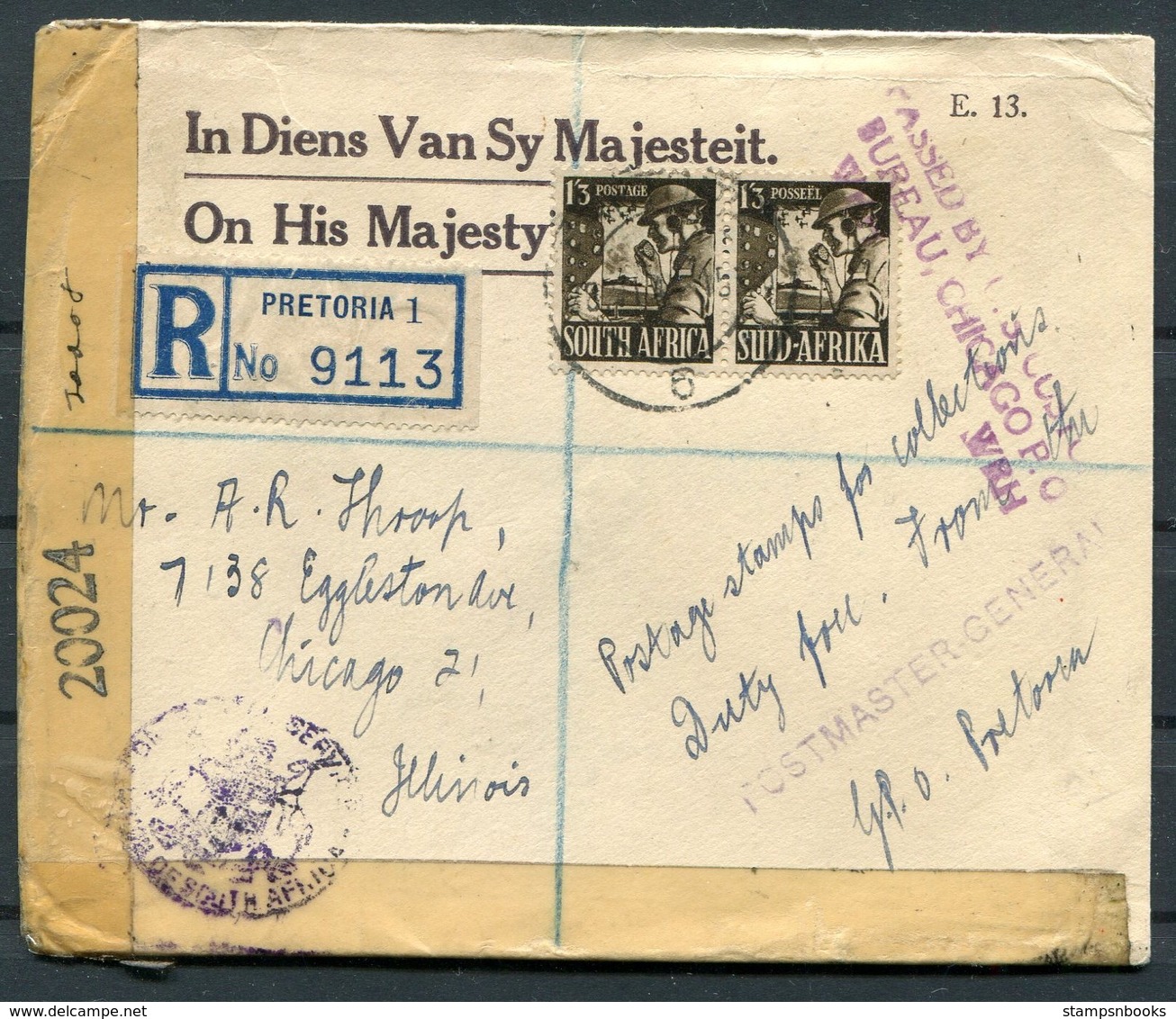 1944 South Africa Registered O.H.M.S. Pretoria, Postmaster General, Censor Cover - Chicago USA - Covers & Documents