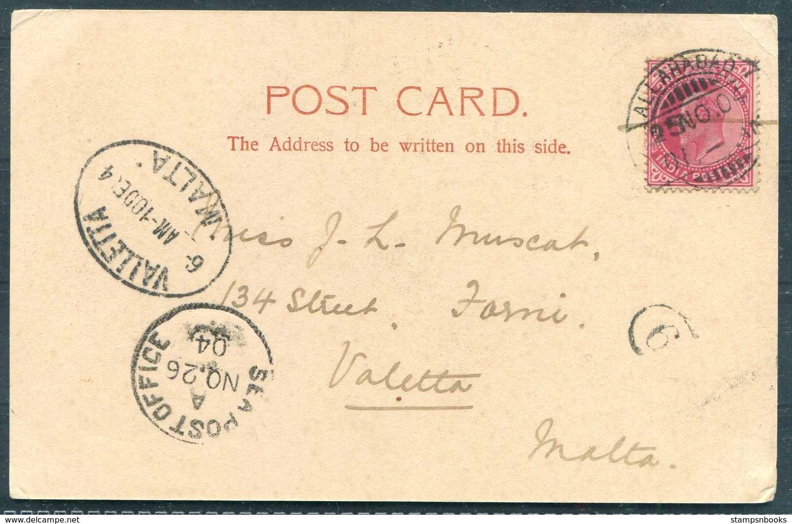 1904 India Agra Emporer Akbar Mausoleum Postcard. Allahabad - Valletta Malta Via SEA POST OFFICE - 1902-11 King Edward VII